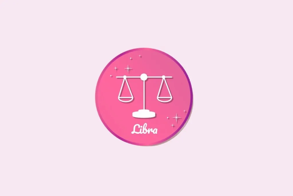 Ilustração do signo de Libra, em fundo rosa, contendo o símbolo de uma balança com dois pratos equilibrados e haste central