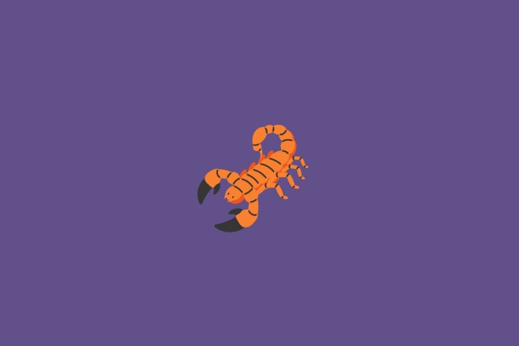 Ilustração de um escorpião, representando o signo de escorpião, em um fundo roxo-escuro 