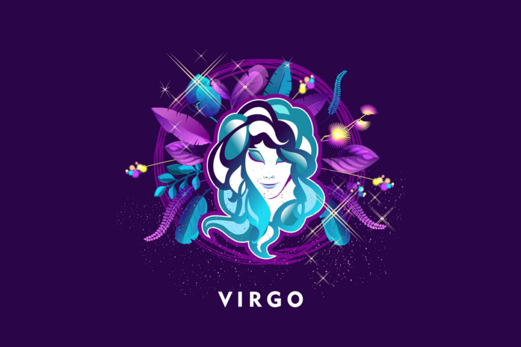 Símbolo do signo de Virgem em azul com detalhes em roxo em um fundo roxo