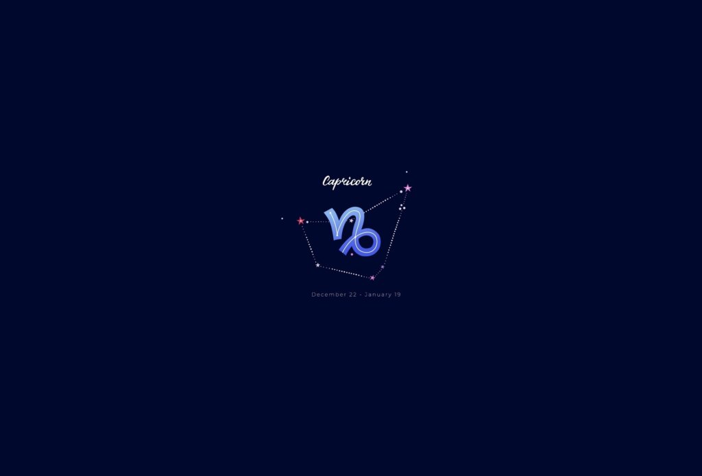 Ilustração do signo de capricórnio, na cor azul, sobre um fundo azul-escuro, com a constelação do signo ao redor