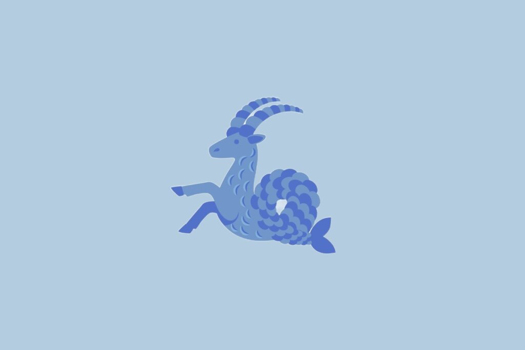 Ilustração do signo Capricórnio, com uma criatura azul de corpo de cabra e cauda de peixe, sobre fundo azul-claro