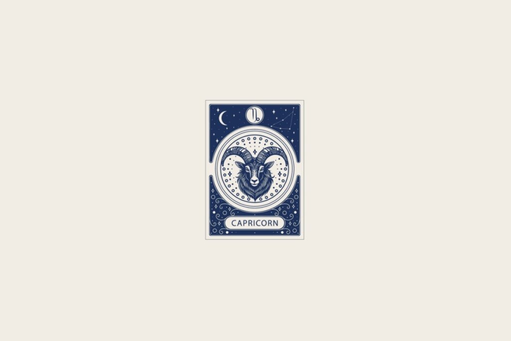 Ilustração do signo de Capricórnio em azul dentro de uma carta e com fundo cinza