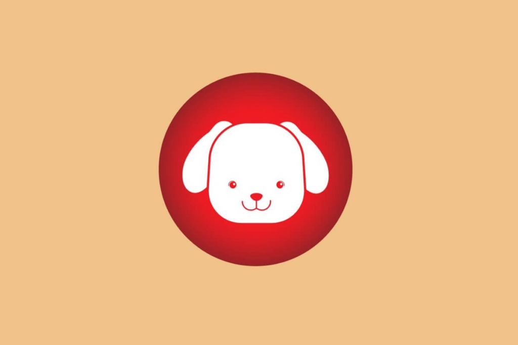 ilustração de um cachorro branco sobre círculo vermelho em fundo laranja