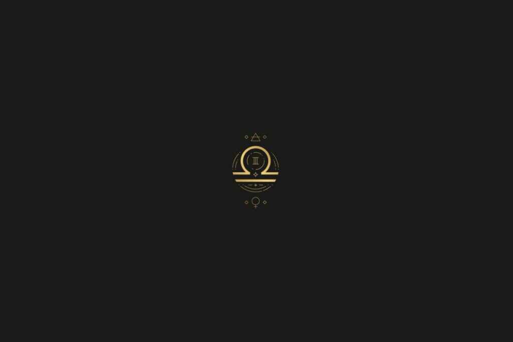 Ilustração do signo de libra na cor dourada, com estrelas, quadrados e triângulos ao redor, em um fundo preto