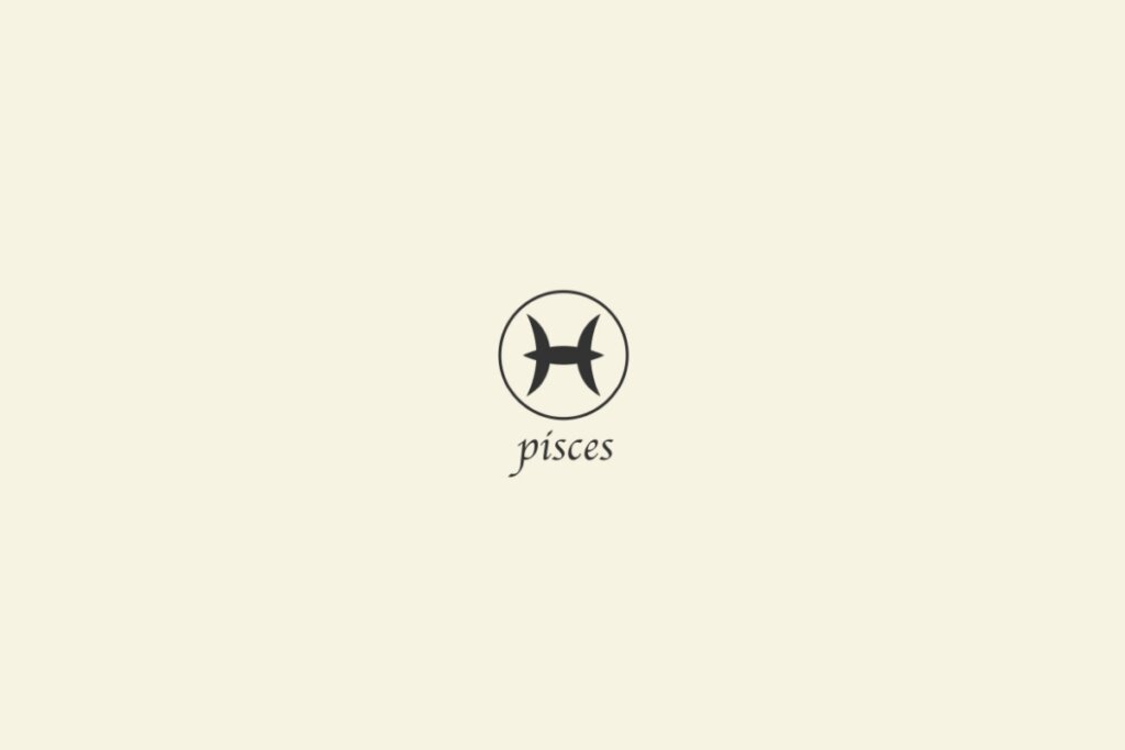 Ilustração do signo de peixes na cor preta, com um círculo em volta e o nome abaixo, sobre um fundo amarelo-claro