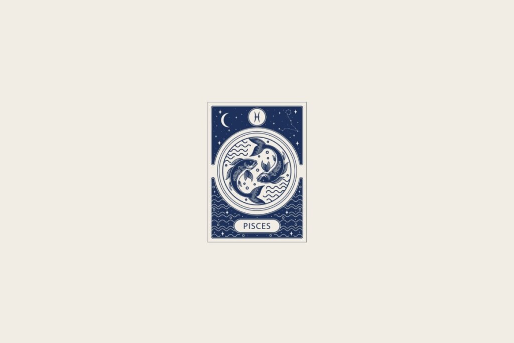 Ilustração do signo de Peixes em azul dentro de uma carta e com fundo cinza