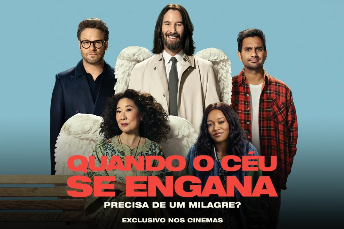 Pôster do filme Quando o Céu se Engana, mostrando Keanu Reeves, Aziz Ansari, Seth Rogen, Sandra Oh e Keke Palmer em frente a um fundo azul