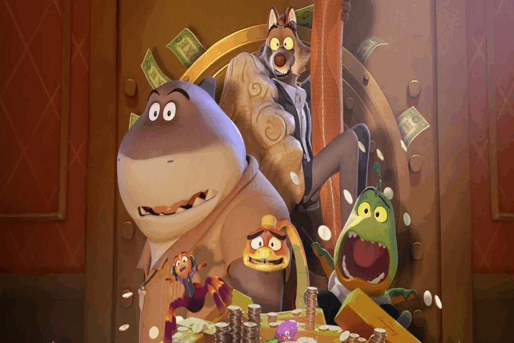 Animação de um tubarão, uma piranha, um lobo, uma cobra e uma aranha com dinheiro e fazendo expressão de susto 