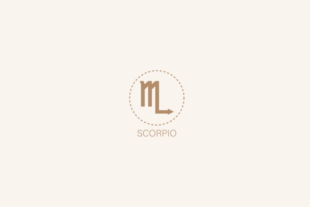 Ilustração do símbolo e nome em inglês do signo de escorpião em um fundo bege