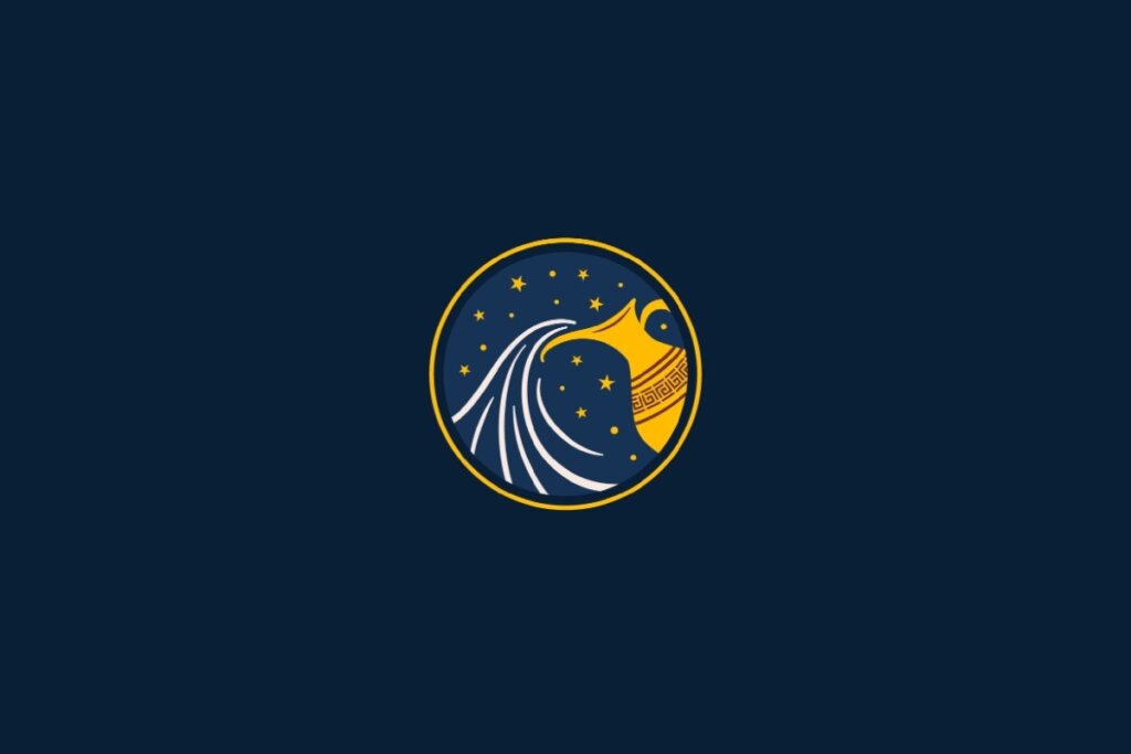 círculo amarelo com ilustração de jarro saindo água representando o signo de aquário com estrelas amarelas em volta