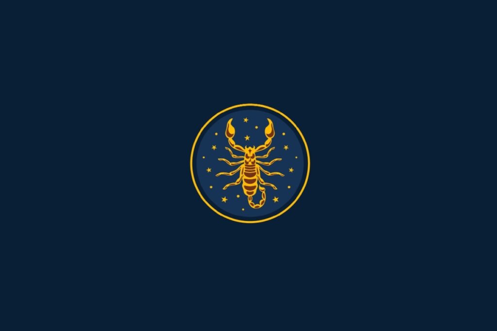 círculo amarelo com ilustração de escorpião representando o signo de escorpião com estrelas amarelas em volta