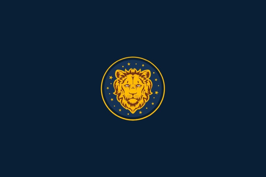 círculo amarelo com ilustração de leão representando o signo de leão com estrelas amarelas em volta
