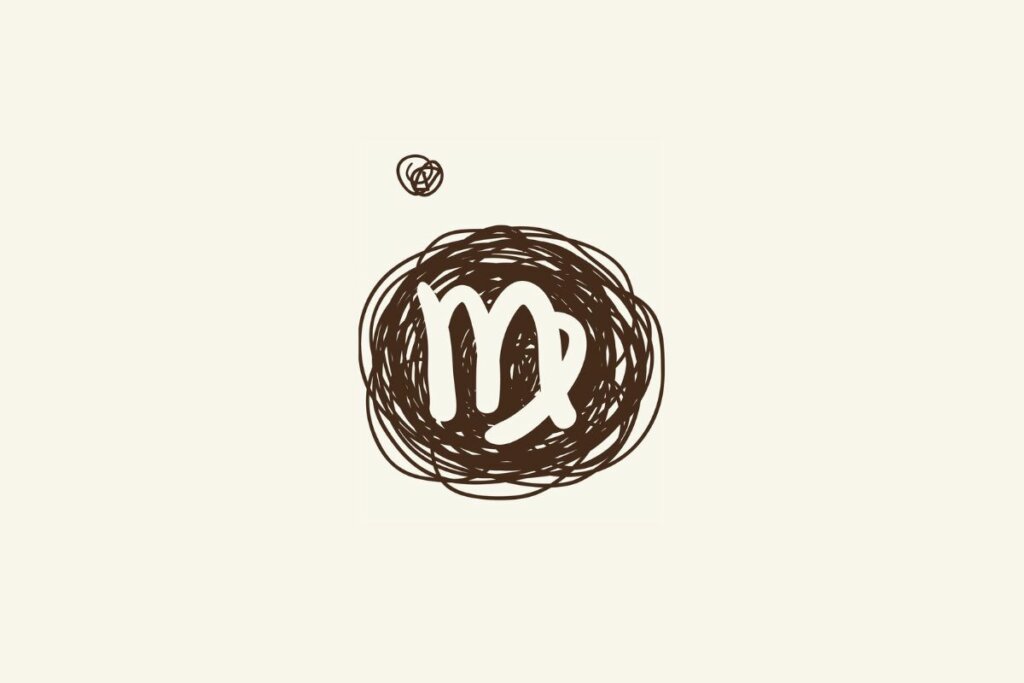 Ilustração do símbolo do signo de virgem sobre um rabisco marrom, com fundo bege-claro.