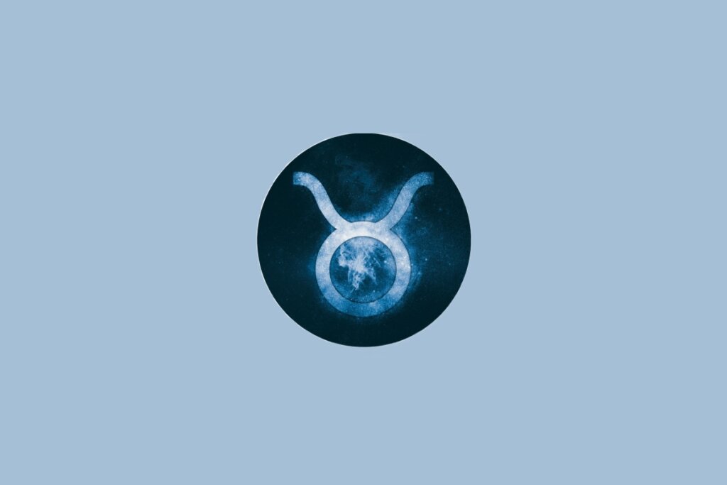 Ilustração do signo de Touro, em fundo azulado, com símbolo de círculo encimado por dois chifres curvados