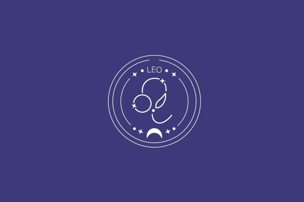 Ilustração do signo de Leão, com símbolo composto por uma linha curva em forma de cauda e um círculo, em fundo escuro