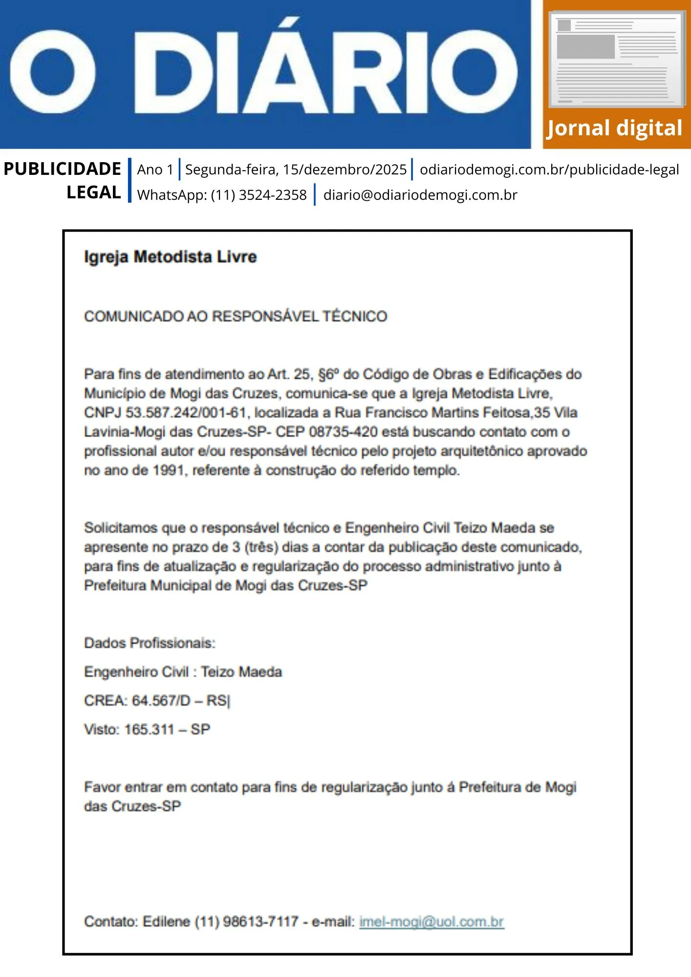 Segunda-feira, 15 de dezembro de 2025
