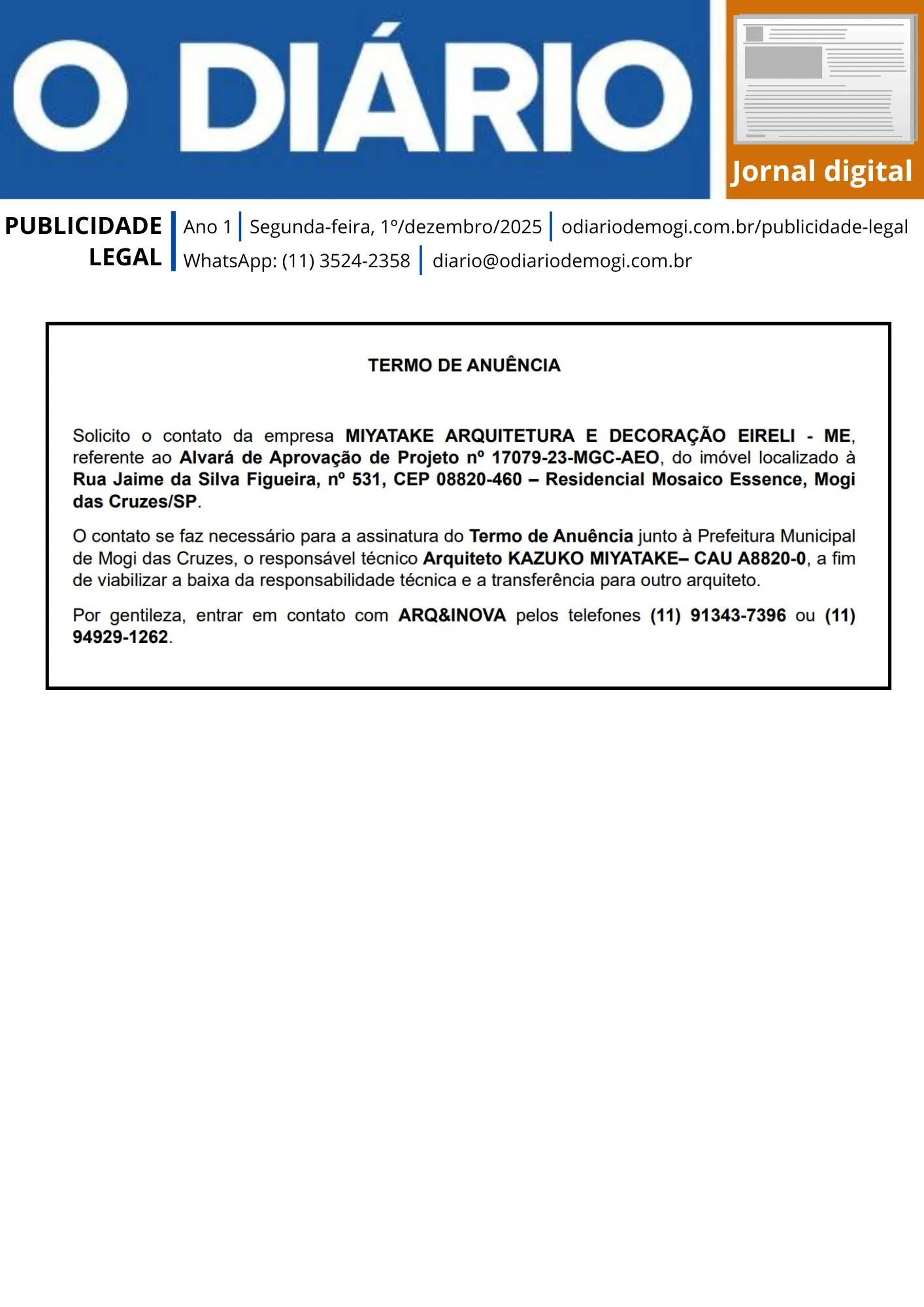 Segunda-feira, 1º de dezembro de 2025