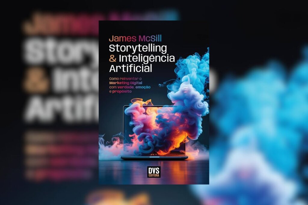 Capa do livro "Storytelling e Inteligência Artificial", na cor preta e com a imagem de um notebook com fumaça colorida saindo da tela