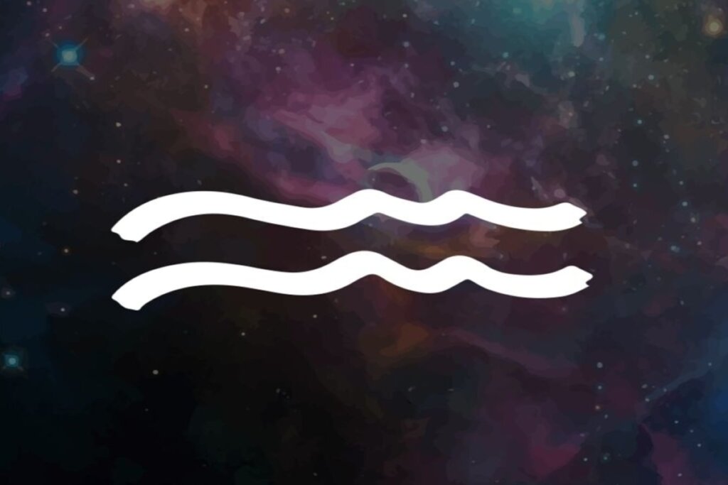Ilustração branca do símbolo do signo de aquário sobre fundo de galáxia com estrelas