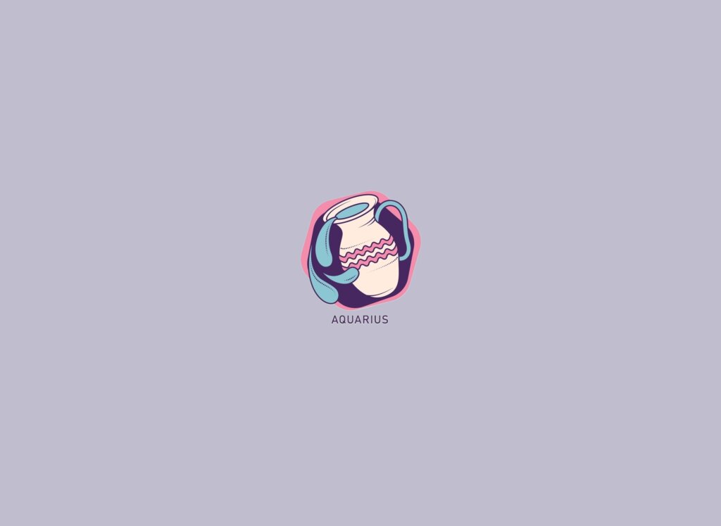 Ilustração de uma ânfora com água, em um círculo roxo, em tons de roxo, azul, rosa e bege, sobre um fundo lilás