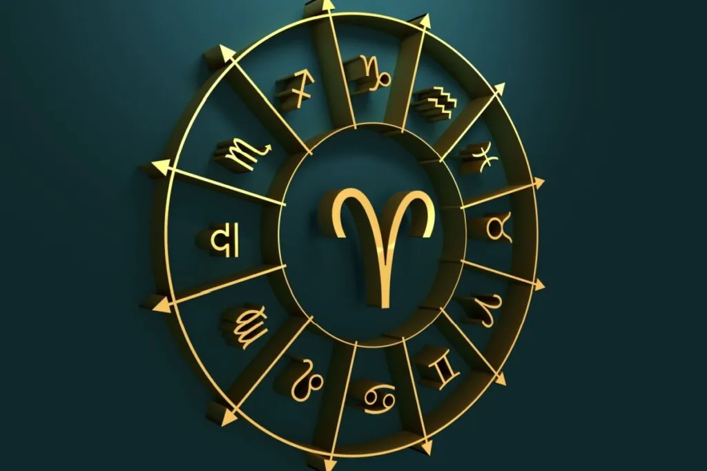 círculo em amarelo com símbolo dos 12 signos em volta, separados por flechas, com símbolo do signo de áries no centro, sobre fundo verde-escuro