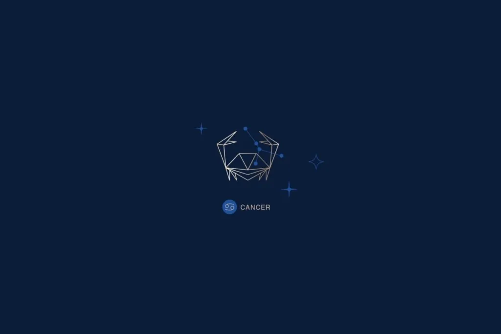 Ilustração de um caranguejo, rodeado por estrelas, com o nome e a constelação do signo de câncer, em um fundo azul-escuro