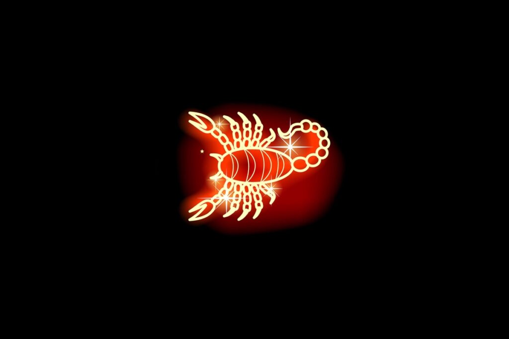 Ilustração em vermelho neon do signo de Escorpião em um fundo preto 