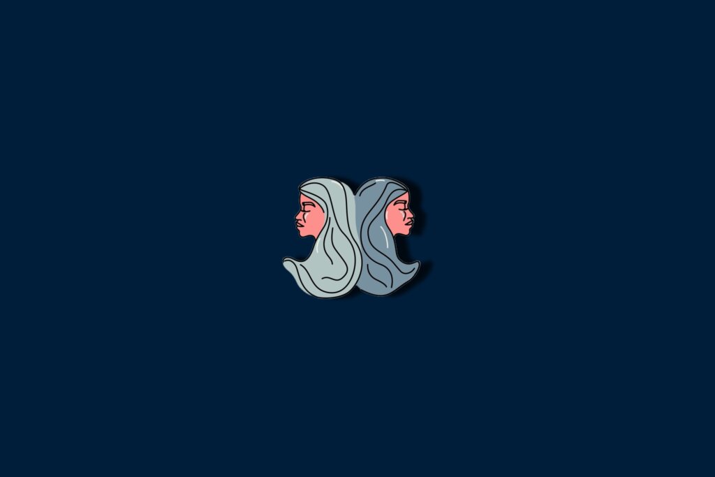 Ilustração do rosto de duas mulheres, com cabelos verdes e azuis, em um fundo-azul escuro