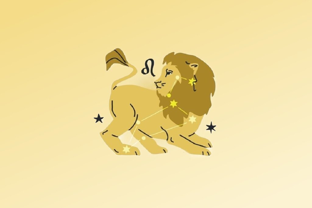 Ilustração do signo de Leão contendo um leão de perfil com símbolo do signo e marcações de constelação em fundo amarelo