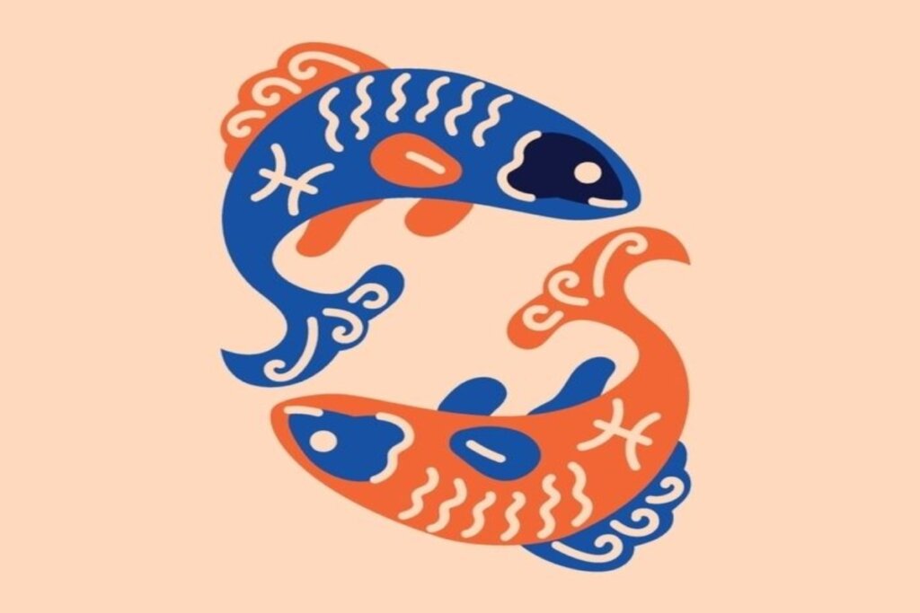 um peixe laranja e outro azul, nadando em círculo, representando o signo de peixes