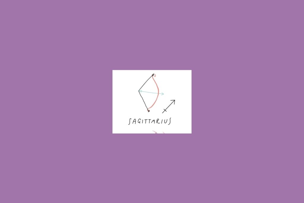Ilustração de um arco com flechas dentro de um quadrado branco sobre um fundo roxo