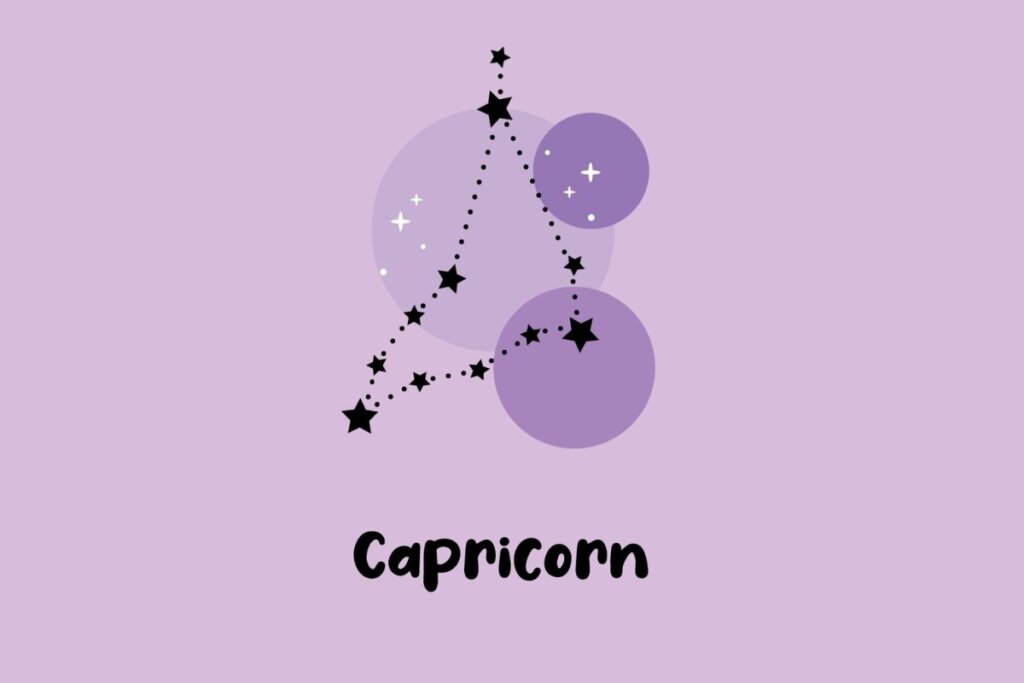 Ilustração da constelação do signo de Capricórnio com estrelas pretas conectadas por pontos sobre fundo lilás