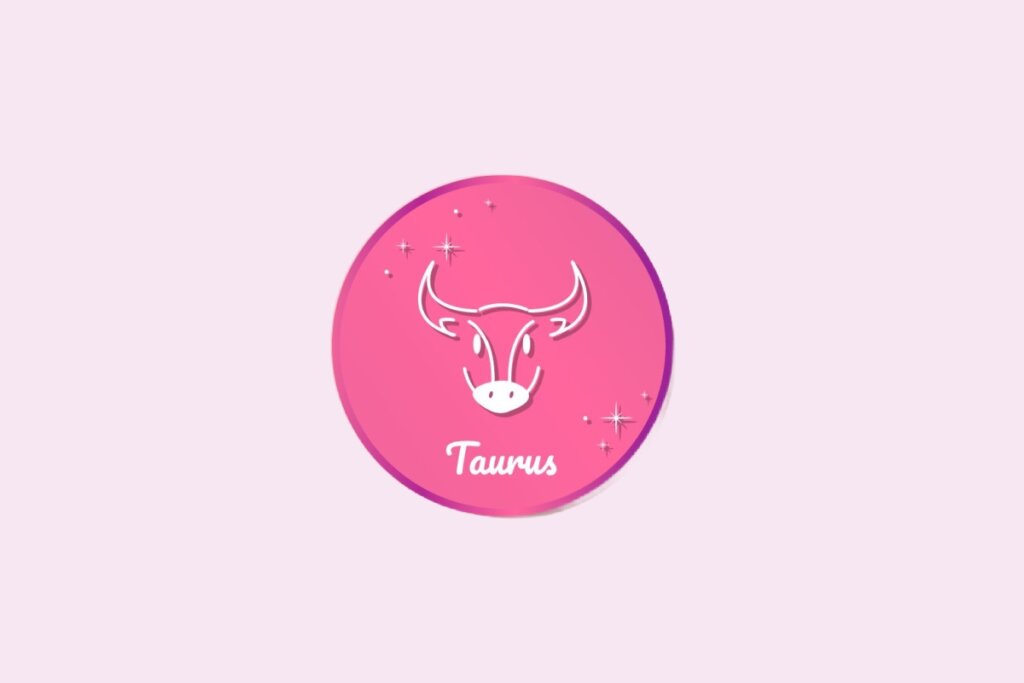Ilustração do signo de Touro, em fundo rosa-claro, contendo a cabeça de um touro com chifres voltados para cima