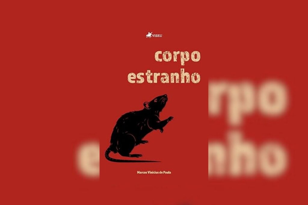 Capa do livro " Corpo estranho", com a ilustração de um rato em um fundo vermelho 