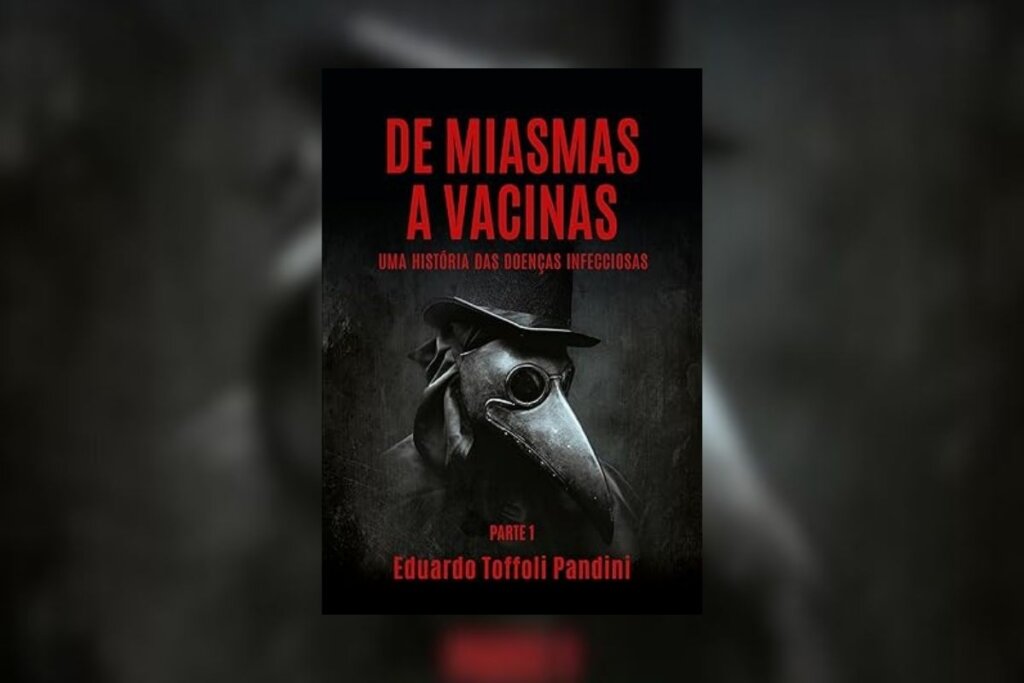 Capa do livro "De miasmas a vacinas – Uma história das doenças infecciosas" com a ilustração de um corvo em um fundo preto