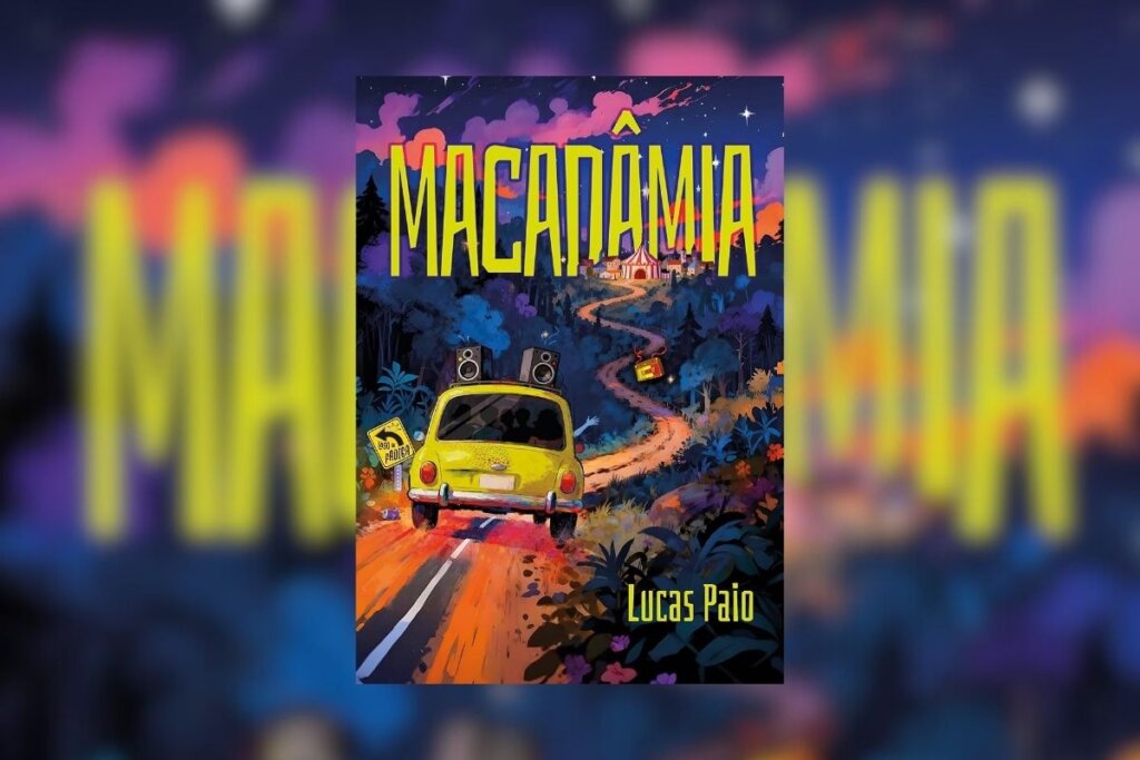Capa do livro "Macadâmia" com a ilustração de um carro amarelo em uma estrada ao anoitecer 