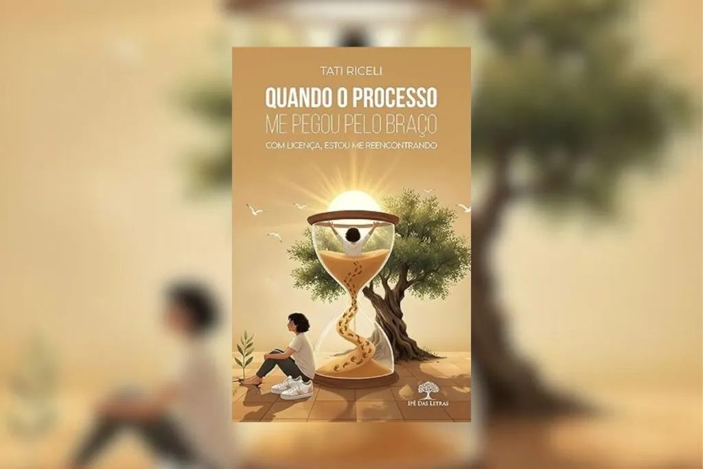 Capa do livro "Quando o processo me pegou pelo braço", com a ilustração de uma mulher dentro de uma ampulheta e outra sentada do lado de fora 