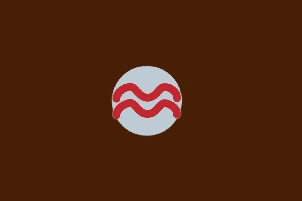 Ilustração do signo de Aquário, com símbolo vermelho com duas ondas paralelas, dentro de um círculo cinza sobre fundo marrom-escuro