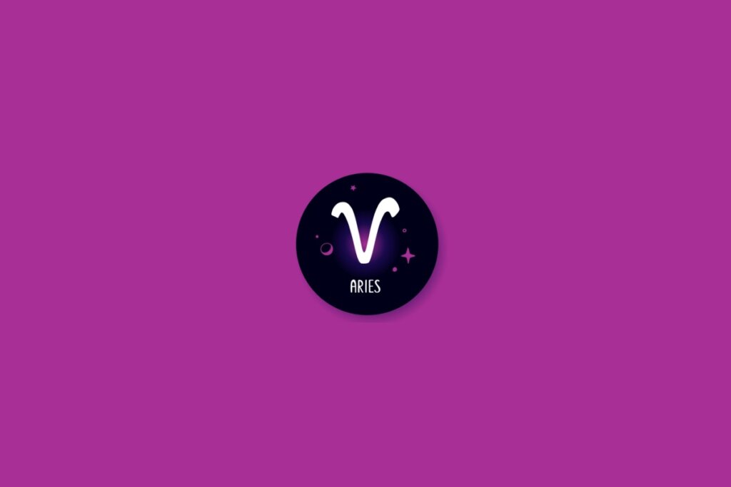 Ilustração de um círculo preto com o símbolo de áries dentro, com estrelas roxas, sobre um fundo roxo