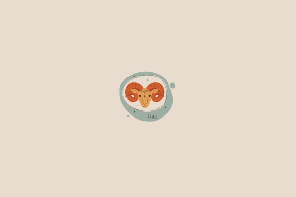 Ilustração do signo de áries em um fundo bege-claro. Ao redor dele, há um círculo verde-claro e pequenas bolhas