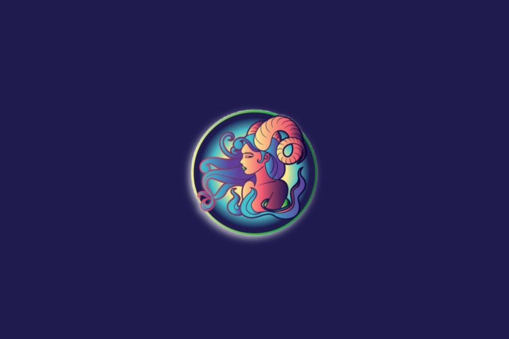 Ilustração do signo de áries em um círculo nas cores amarela, rosa e roxa sobre um fundo azul-escuro