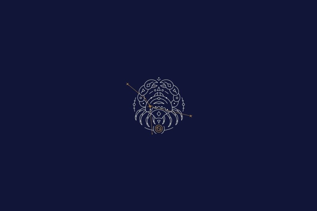 ilustração branca de um caranguejo representando o signo de câncer sobre fundo azul-escuro