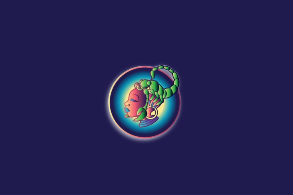 Ilustração do signo de escorpião em um círculo nas cores amarela, rosa e roxa sobre um fundo azul-escuro