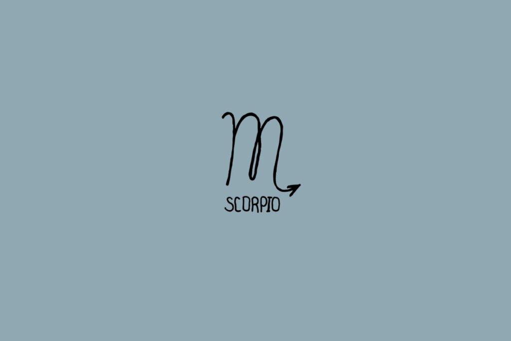 Ilustração do signo de escorpião em um fundo cinza com o nome do signo embaixo