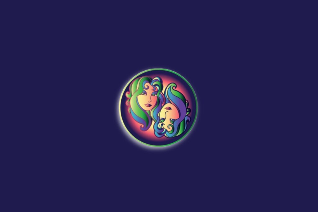 Ilustração do signo de gêmeos em um círculo nas cores amarela, rosa e roxa sobre um fundo azul-escuro