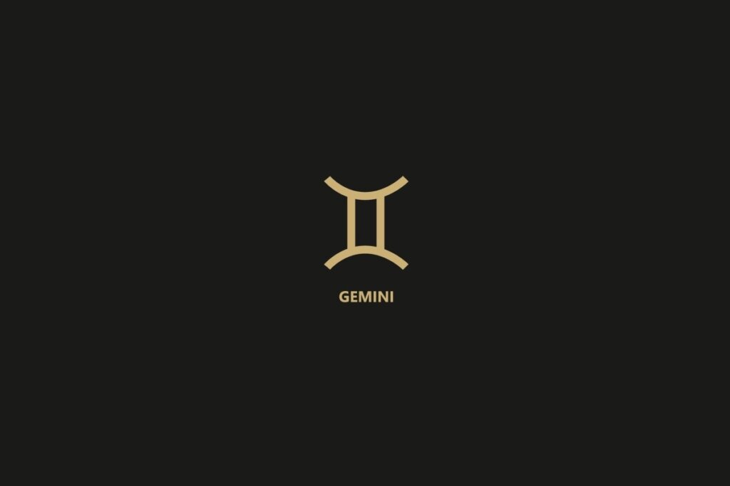 Ilustração do signo de gêmeos sobre um fundo preto, com o nome do signo logo abaixo.