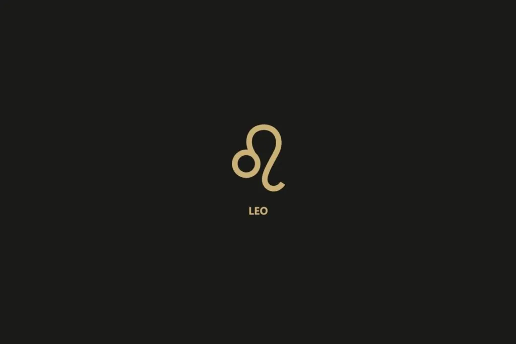 Ilustração do signo de leão sobre um fundo preto, com o nome do signo logo abaixo.