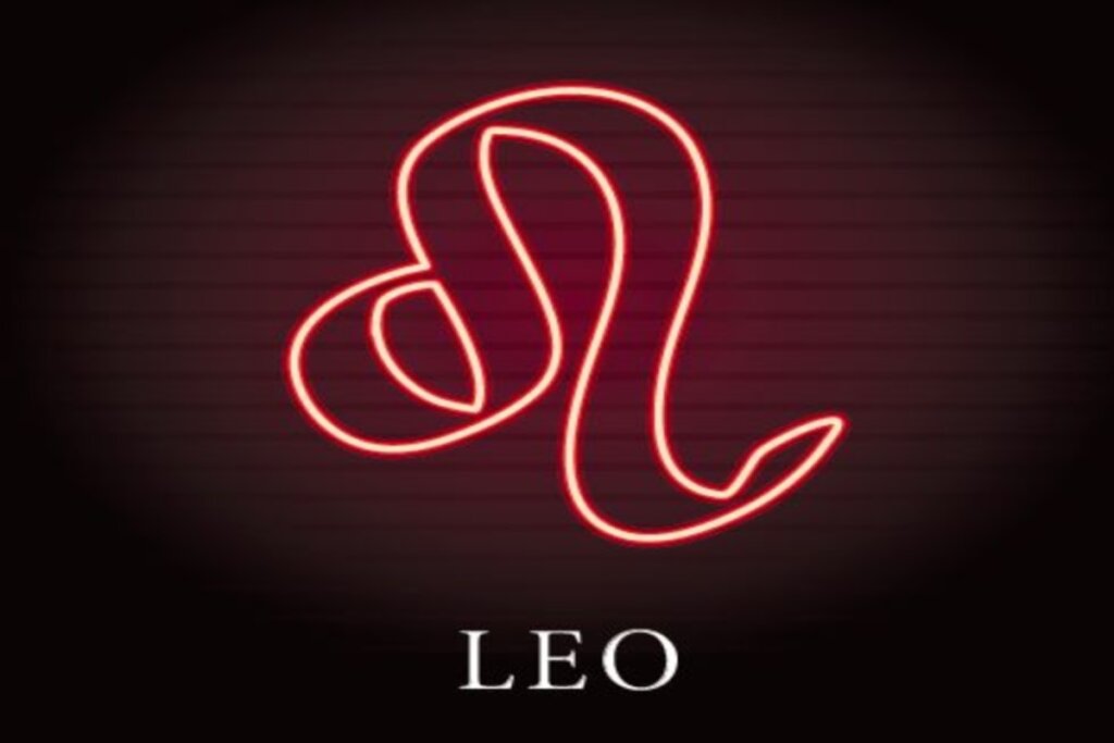 Ilustração do símbolo de leão em vermelho néon sobre o nome do signo em inglês