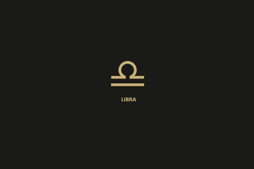 Ilustração do signo de libra sobre um fundo preto, com o nome do signo logo abaixo.
