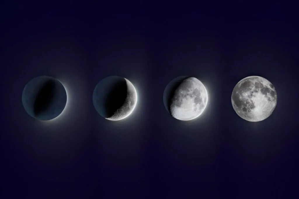 Ilustração das quatro fases da Lua em um fundo azul-escuro 
